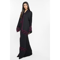 Nukhbaa Casual Abaya With Pink and Black Knitted Floral Detailing, AJ149A