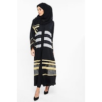 Nukhbaa Classy White and Yellow Stripe Net Striped Abaya, AJ150A