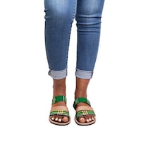 Uzuri K&Y Maya Mixed Canvas Sandals with Belt, Green & Khaki