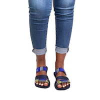 Uzuri K&Y Maya Mixed Canvas Sandals with Belt, Blue & Navy Blue