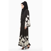 Nukhbaa Black and Cream Floral Embroidered Abaya, SQ7A