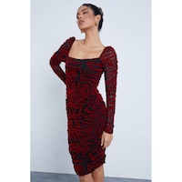 Picture of Zak Design Velvet Mesh Zebra Square Neck Bodycon Dress, Red, Carton of 100Pcs