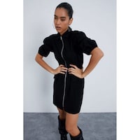 Zak Design Bengaline Pocket Front Elastic Waist Shirt Dress, Black, Carton of 100Pcs