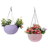 Hridaan Plastic Hanging Flower Basket with Hook Chain, Set of 2, Purple/Pink