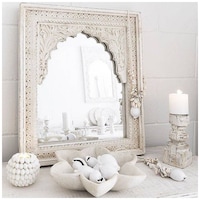 Lake City Arts Indian Hand Carved Wall Wooden Mirror, White