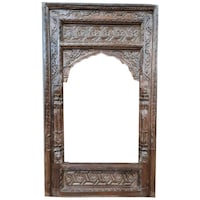 Lake City Arts Indian Hand Carved Solid Wooden Distressed Mirror, Brown