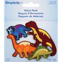Wrights Iron-On Appliques, Assorted Dinosaurs, Pack of 4