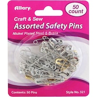Allary Safety Pins, Brass & Nickel Plated, Pack of 50