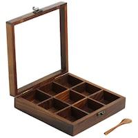 T One Wooden 9 Compartments Spice Box With Spoon, 8 x 8 x 2 inches