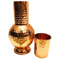 KUVI Copper Hammered Pitcher with Glass, 1200ml + 250ml, Rose Gold
