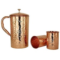 Picture of KUVI Copper Hammered Jug with Glass, Set of 3, Brown