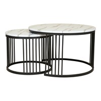 Yulan Outdoor Modern Coffee Table 2Pcs Set With Marble Design, White&Black