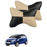 Kozdiko Square Chess Design Car Seat Pillow for Tata Indica Vista, Black & Beige, Set of 2