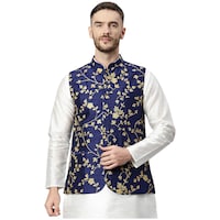 Hangup Men's Party Wear Embroidery Nehru Jacket, BGN932623, Navy Blue