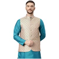 Hangup Men's Party Wear Embroidery Nehru Jacket, BGN932626, Beige & Blue