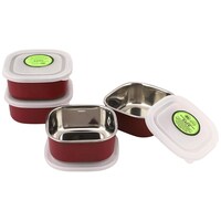 Kinship India Small Square Lunch Containers, 350 ml, Red, Set of 4