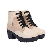 Women's Stylish Solid High Ankel Boots, AF0932778, Beige & Black, Set of 2