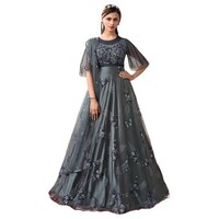 Saranya Semi Stitched Net Embroidered Suit Set, AS9164, Grey, Set of 3