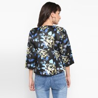 Hangup Women's  Polyester Viscose Print Jacket, BGNA765288, Black & Blue