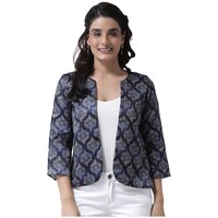 Hangup Women's  Polyester Viscose Printed Jacket, BGNA765297, Navy Blue & White