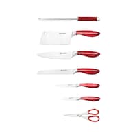 Picture of Edenberg Kitchen Knife Set with Rotary Stand, Silver and Red, Set of 8