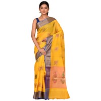 Picture of Indian Silk House Agencies Kora Silk Saree with Blouse Piece, ISKA100034, Yellow & Deep Blue