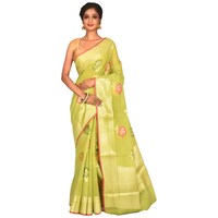 Picture of Indian Silk House Agencies Kora Silk Saree with Blouse Piece, ISKA100091, Olive Green & Pink