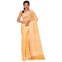 Picture of Indian Silk House Agencies Kora Silk Saree with Blouse Piece, ISKA100061, Yellow & White