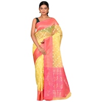 Picture of Indian Silk House Agencies Kora Silk Saree with Blouse Piece, ISKA100045, Light Yellow & Pink