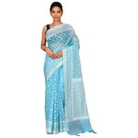 Picture of Indian Silk House Agencies Kora Silk Saree with Blouse Piece, ISKA100057, Light Blue & White