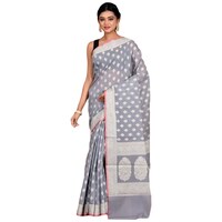 Picture of Indian Silk House Agencies Kora Silk Saree with Blouse Piece, ISKA100069, Silver & White