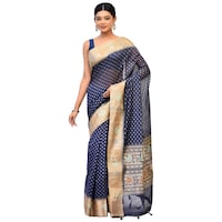 Indian Silk House Agencies Kora Silk Saree with Blouse Piece, ISKA100080, Deep Blue & Cream