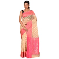 Picture of Indian Silk House Agencies Kora Silk Saree with Blouse Piece, ISKA100043, Cream & Pink