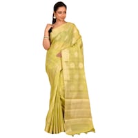 Picture of Indian Silk House Agencies Kora Silk Saree with Blouse Piece, ISKA100099, Olive Green & White