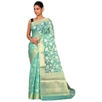 Picture of Indian Silk House Agencies Kora Silk Saree with Blouse Piece, ISKA100038, Light Green & Golden