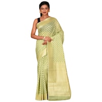 Picture of Indian Silk House Agencies Kora Silk Saree with Blouse Piece, ISKA100047, Light Olive Green & Cream