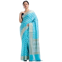 Picture of Indian Silk House Agencies Kora Silk Saree with Blouse Piece, ISKA100085, Sky Blue & Silver