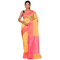 Picture of Indian Silk House Agencies Kora Silk Saree with Blouse Piece, ISKA100046, Light Yellow & Pink