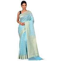 Picture of Indian Silk House Agencies Kora Silk Saree with Blouse Piece, ISKA100055, Light Blue & Golden