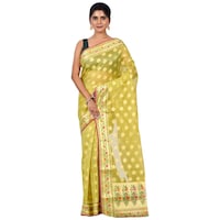 Picture of Indian Silk House Agencies Kora Silk Saree with Blouse Piece, ISKA100068, Light Yellow & White