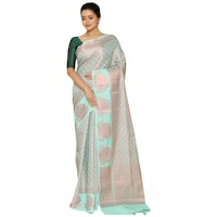Picture of Indian Silk House Agencies Kora Silk Saree with Blouse Piece, ISKA100072, Silver & Sea Green