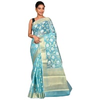 Picture of Indian Silk House Agencies Kora Silk Saree with Blouse Piece, ISKA100039, Light Blue & Golden