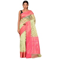 Picture of Indian Silk House Agencies Kora Silk Saree with Blouse Piece, ISKA100044, Light Green & Pink