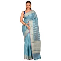 Picture of Indian Silk House Agencies Kora Silk Saree with Blouse Piece, ISKA100093, Blue & Silver