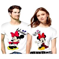 Picture of Men's & Women's Mickey Mouse Hubby Wifey Printed Couple T-shirt, White, Set of 2