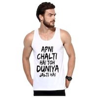 Picture of Men's Apni Chalti Hai Toh Duniya Jalti Hai Printed Sleeveless Vest, MFB0937963, White