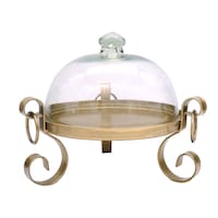 Heritage Touch Antique Brass Cake Stand with Glass Lid, Clear & Gold