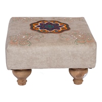 Heritage Touch Handmade Stool with Embroidered Cushion, Cream