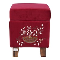Heritage Touch Stool with Storage & Embroidered Cushion, 35.5 x 43cm, Red