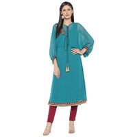 Nikhaar Creations Georgette Embroidered Illusion Neck A Line Kurta, FNF938055, Turquoise Blue & Red